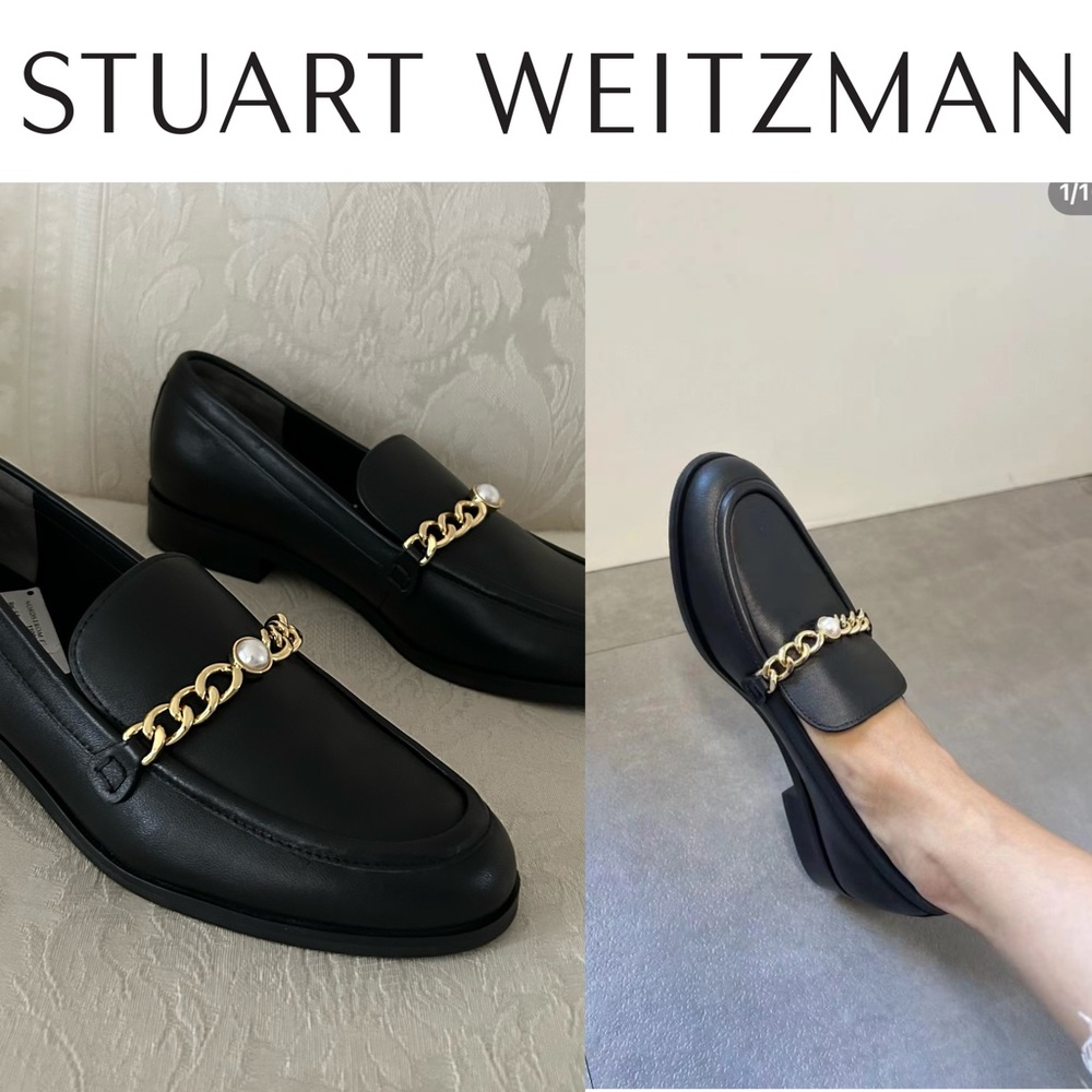 Stuart Weitzman Owen Pearl Black Loafers with Gold Chain Accent size 6